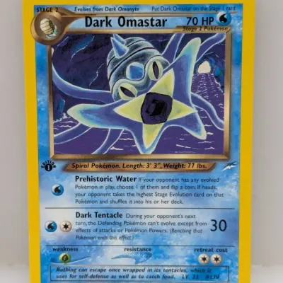 Sale Photo Thumbnail #624: 1st Edition Dark Omastar Pokémon trading card from the Neo Destiny set, numbered 19/105, featuring artwork by Tomokazu Komiya.