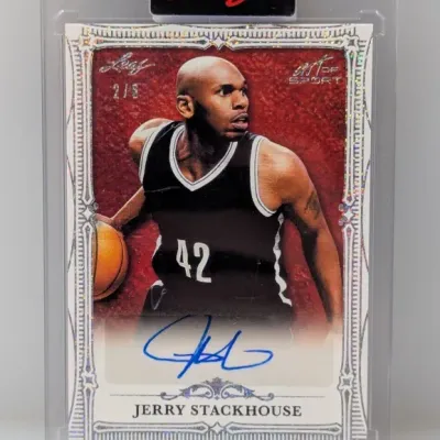 Sale Photo Thumbnail #283: Leaf Art of Sport Jerry Stackhouse autographed trading card, numbered 2 of 6, housed in a factory-sealed plastic case.