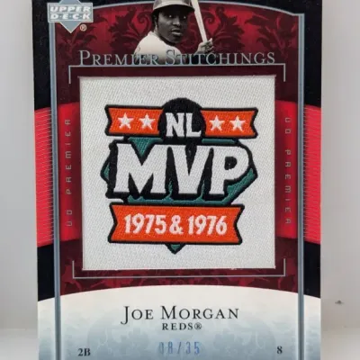 Sale Photo Thumbnail #396: Upper Deck Premier Stitchings Joe Morgan trading card featuring an embroidered 'NL MVP 1975 & 1976' patch, serial-numbered 08/35.