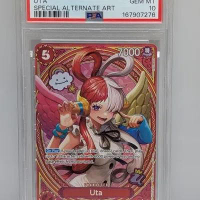 Sale Photo Thumbnail #36: PSA-graded Gem Mint 10 One Piece trading card, Special Alternate Art #003 Uta card encased in a protective slab.