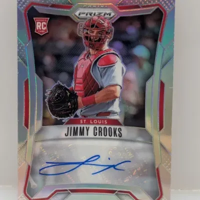 Sale Photo Thumbnail #349: Panini Prizm Jimmy Crooks rookie autographed baseball trading card in silver prizm refractor parallel.