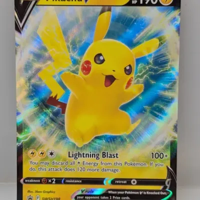 Sale Photo Thumbnail #157: Pokémon TCG Pikachu V promo card SWSH198 featuring full-art holographic illustration by 5ban Graphics, copyright 2022.