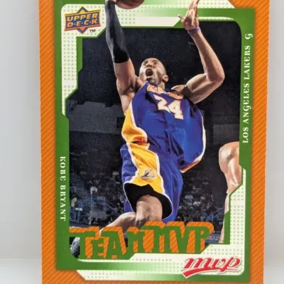 Sale Photo Thumbnail #140: Kobe Bryant Upper Deck MVP "Team MVP" trading card, featuring an orange patterned border and green accent frame.