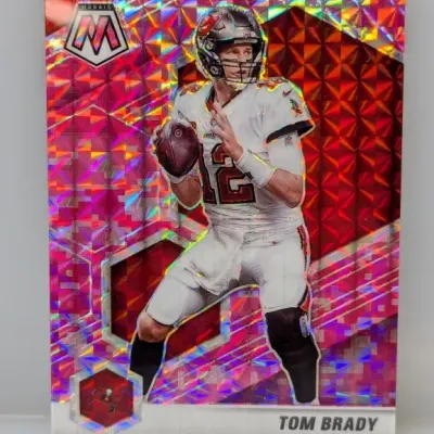 Sale Photo Thumbnail #877: Panini Mosaic Tom Brady Tampa Bay Buccaneers trading card with a pink prizm mosaic parallel finish.