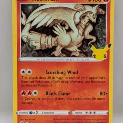 Sale Photo Thumbnail #737: Pokémon Reshiram trading card from the 25th Anniversary Celebrations set (002/025), illustrated by Aya Kusube and released in 2021.