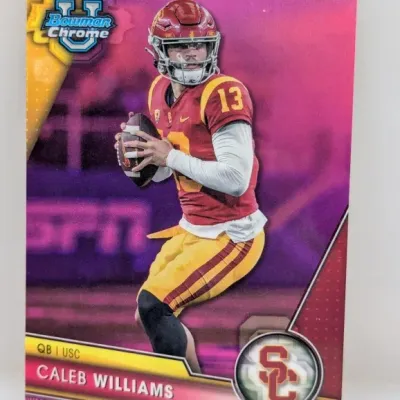 Sale Photo Thumbnail #174: Bowman Chrome University Caleb Williams USC Trojans football trading card featuring a vibrant pink and yellow parallel background.