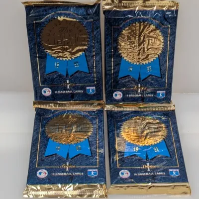 Sale Photo Thumbnail #508: Four unopened wax packs of 1993 Leaf Series 1 Major League Baseball trading cards.
