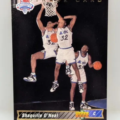 Sale Photo Thumbnail #199: 1992-93 Upper Deck NBA Draft Trade Card #1 featuring Shaquille O'Neal in his Orlando Magic uniform.