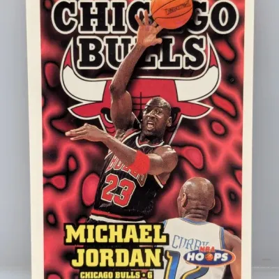 Sale Photo Thumbnail #489: 1997-98 NBA Hoops Michael Jordan #23 basketball trading card in good condition.