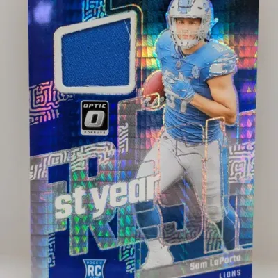 Sale Photo Thumbnail #190: 2023 Donruss Optic Sam LaPorta '1st Year Fresh' rookie patch card featuring a blue jersey swatch and hologram finish.