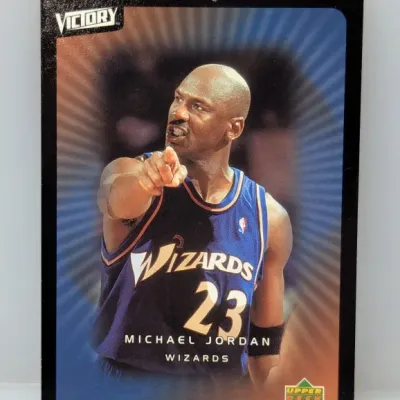 Sale Photo Thumbnail #875: 2002-03 Upper Deck Victory Michael Jordan trading card #100, featuring him in his Washington Wizards jersey.