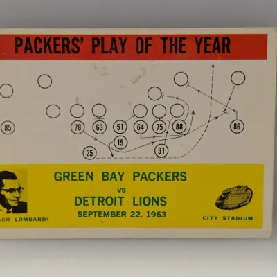 Sale Photo Thumbnail #535: Vintage 1963 Topps 'Packers' Play of the Year' collectible trading card featuring Coach Vince Lombardi and a play diagram against the Detroit Lions.