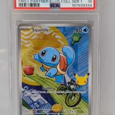 Sale Photo Thumbnail #212: PSA Gem Mint 10 Squirtle #039 Pokemon card from the 2021 First Partner Illustration Collection Series 1 in a protective slab.