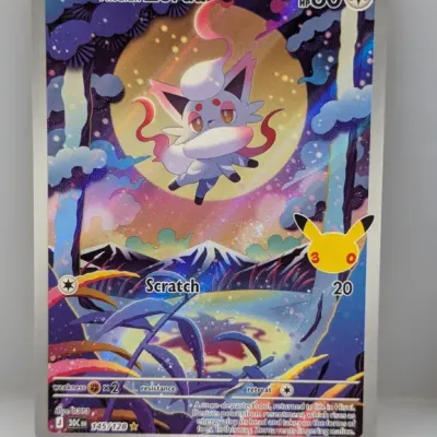 Sale Photo Thumbnail #741: Hisuian Zorua full-art illustration rare Pokémon trading card featuring holographic finish and 30th-anniversary Pikachu stamp.