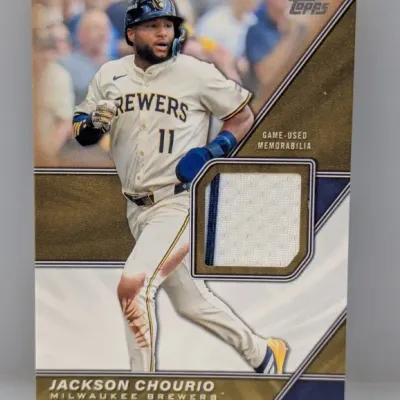 Sale Photo Thumbnail #285: Topps Jackson Chourio Milwaukee Brewers game-used memorabilia baseball relic trading card.