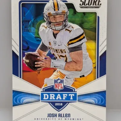 Sale Photo Thumbnail #208: 2018 Score NFL Draft rookie trading card featuring Josh Allen in his University of Wyoming Cowboys uniform.