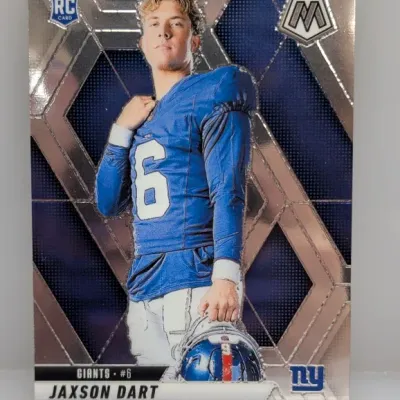 Sale Photo Thumbnail #55: Panini Mosaic Jaxson Dart rookie card, depicting him in a New York Giants uniform.