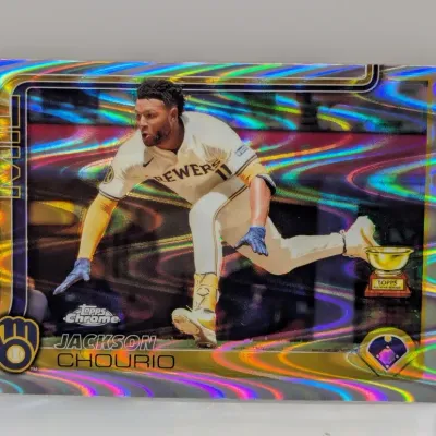 Sale Photo Thumbnail #627: Jackson Chourio Topps Chrome holographic refractor baseball card featuring a Topps All-Star Rookie logo.