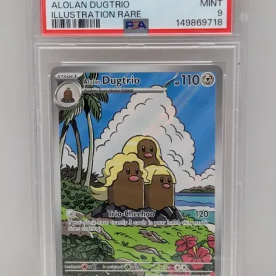Sale Photo Thumbnail #13: PSA-graded Mint 9 2024 Pokémon Surging Sparks English Alolan Dugtrio Illustration Rare card #208/191 in a protective slab.