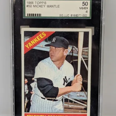 Sale Photo Thumbnail #35: SGC-graded VG/EX 4 1966 Topps #50 Mickey Mantle baseball card in a protective slab.