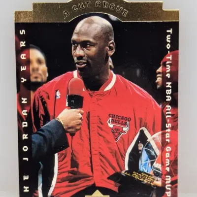 Sale Photo Thumbnail #857: 1998 Upper Deck 'The Jordan Years' A Cut Above Michael Jordan basketball trading card, featuring a die-cut gold header.