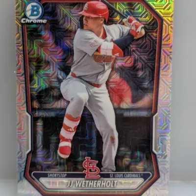 Sale Photo Thumbnail #890: Bowman Chrome JJ Wetherholt St. Louis Cardinals baseball trading card featuring a mojo refractor parallel finish.