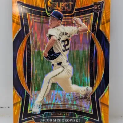 Sale Photo Thumbnail #400: 2023 Panini Select Jacob Misiorowski rookie card featuring an orange refractor design and metallic holo finish.
