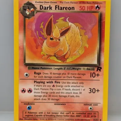 Sale Photo Thumbnail #840: 1999-2000 Wizards of the Coast Pokémon Dark Flareon 35/82 Team Rocket expansion trading card.