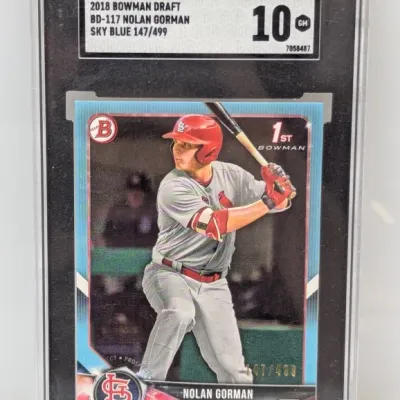 Sale Photo Thumbnail #251: SGC 10 Gem Mint graded 2018 Bowman Draft Sky Blue Nolan Gorman trading card, numbered 147 of 499.