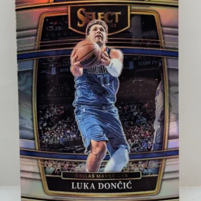 Sale Photo Thumbnail #524: 2021-22 Panini Select Luka Dončić silver Prizm trading card featuring the Dallas Mavericks star in action.