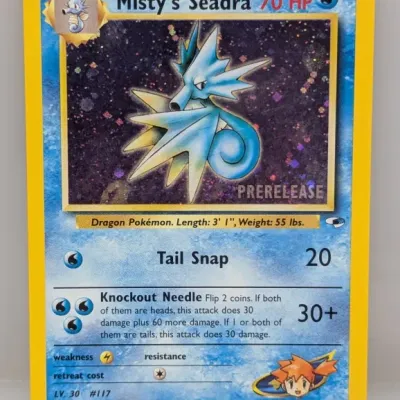 Sale Photo Thumbnail #178: Misty's Seadra Prerelease holographic Pokémon card, #9/132 from the Gym Heroes set, released in 2000.