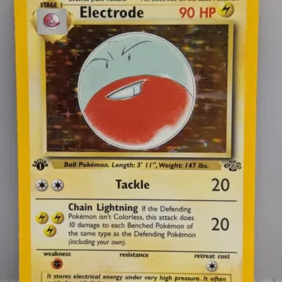 Sale Photo Thumbnail #34: 1st Edition Electrode holographic Pokémon trading card (2/64) from the 1999 Jungle set.