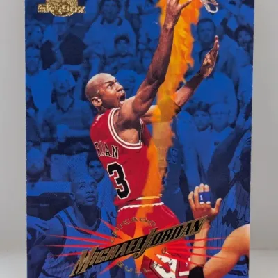 Sale Photo Thumbnail #922: 1993-94 SkyBox Michael Jordan basketball trading card featuring a vibrant flame design.