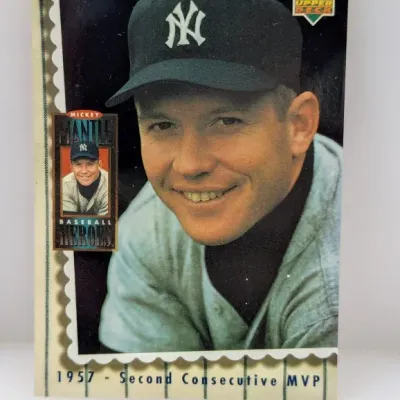 Sale Photo Thumbnail #923: 1994 Upper Deck Mickey Mantle Baseball Heroes #62 trading card, commemorating his 1957 second consecutive MVP award.