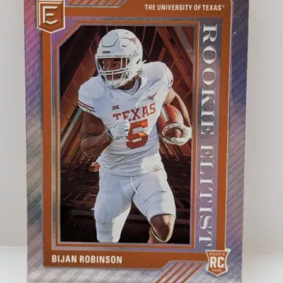 Sale Photo Thumbnail #618: Panini Elite Bijan Robinson rookie trading card featuring his University of Texas uniform.