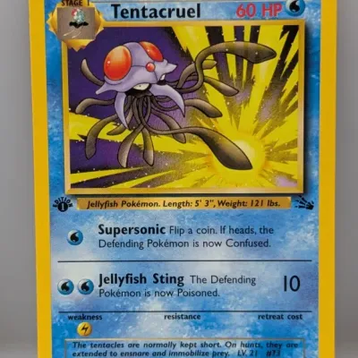 Sale Photo Thumbnail #548: 1st Edition Tentacruel Pokémon card (#44/62) from the 1999 Fossil set, illustrated by Kagemaru Himeno.