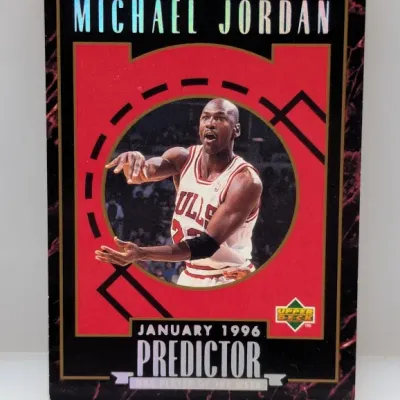 Sale Photo Thumbnail #662: 1995-96 Upper Deck Michael Jordan Predictor January 1996 basketball trading card featuring holographic foil lettering.