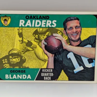 Sale Photo Thumbnail #555: Vintage 1970 Topps George Blanda Oakland Raiders football trading card, #225, in good overall condition.