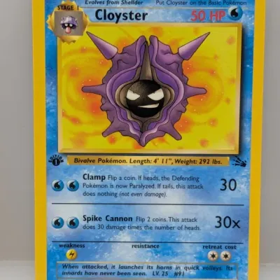 Sale Photo Thumbnail #790: 1st Edition Cloyster Pokémon trading card, Fossil set 32/62, released by Wizards of the Coast in 1999.