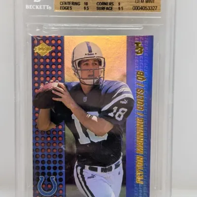 Sale Photo Thumbnail #171: Beckett-graded 9.5 Gem Mint 2000 Collector's Edge T3 Previews Peyton Manning football card #PM in a protective slab.