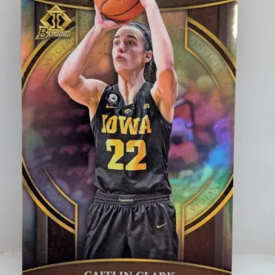 Sale Photo Thumbnail #32: Bowman Invicta Caitlin Clark basketball trading card featuring her in an Iowa Hawkeyes uniform, shown in very good condition with a holographic finish.