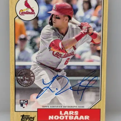 Sale Photo Thumbnail #211: 2022 Topps 1987 design Lars Nootbaar autographed rookie card in clean, uncertified condition.