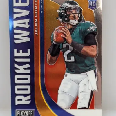 Sale Photo Thumbnail #135: 2020 Panini Playoff Rookie Wave trading card featuring Philadelphia Eagles quarterback Jalen Hurts.