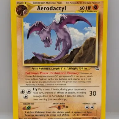 Sale Photo Thumbnail #804: Aerodactyl 15/64 Pokémon trading card from the Fossil set, printed in 1999-2000.