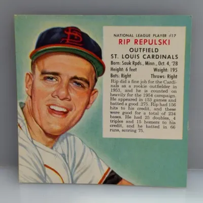 Sale Photo Thumbnail #523: 1954 Johnston Cookies Rip Repulski baseball card, featuring a portrait of the St. Louis Cardinals outfielder alongside player statistics.
