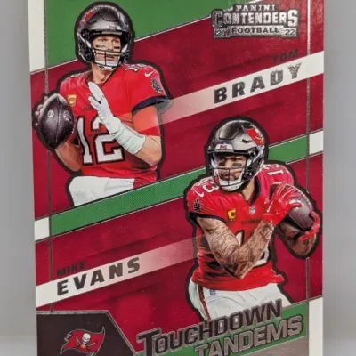 Sale Photo Thumbnail #935: 2022 Panini Contenders Football Touchdown Tandems trading card featuring Tom Brady and Mike Evans of the Tampa Bay Buccaneers.