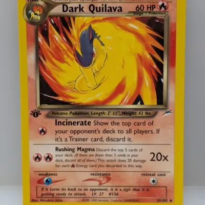 Sale Photo Thumbnail #635: 1st Edition Dark Quilava Pokémon trading card (#39/105) from the Neo Destiny set, illustrated by Mitsuhiro Arita, dated 2000.