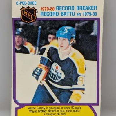 Sale Photo Thumbnail #472: 1980-81 O-Pee-Chee Wayne Gretzky Record Breaker hockey card (#3), commemorating his achievement as the youngest player to score 50 goals.