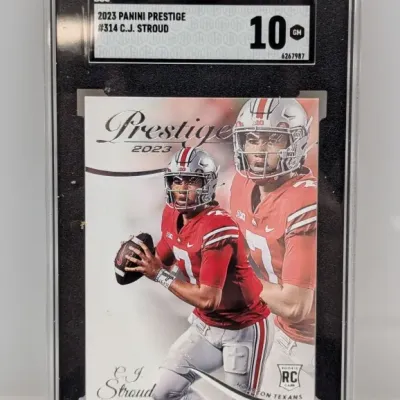 Sale Photo Thumbnail #129: SGC-graded 10 Gem Mint 2023 Panini Prestige C.J. Stroud rookie trading card #314 in a protective slab.