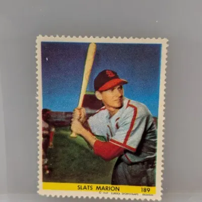 Sale Photo Thumbnail #304: 1949 Eureka Sportstamps Slats Marion baseball stamp card #189, featuring the St. Louis Cardinals player in good condition.